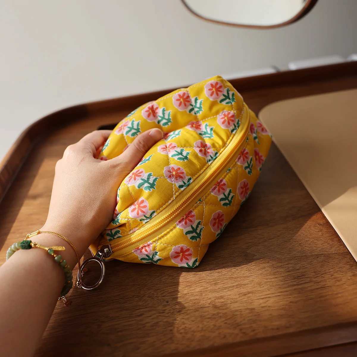 Cartoon pattern cosmetic bag Cute toastshaped fabric storage bag Floral pastoral style toiletry bagT251024