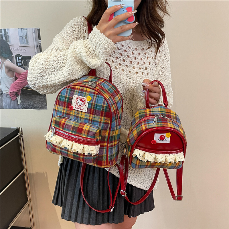 New designer women's bag English style checkered backpack cute lace color blocked girl parent-child PU small backpack