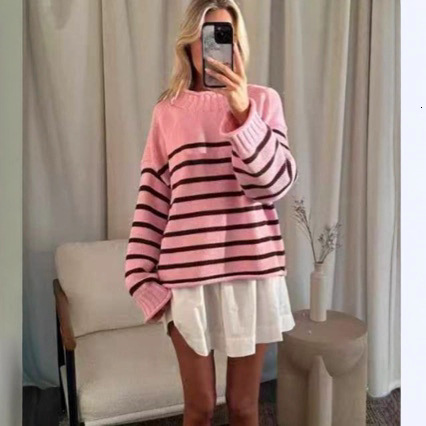 2025 Autumn Winter Women Striped Warm Knitted Pullover Elegant O-neck Long Sleeve Loose Pink Sweater