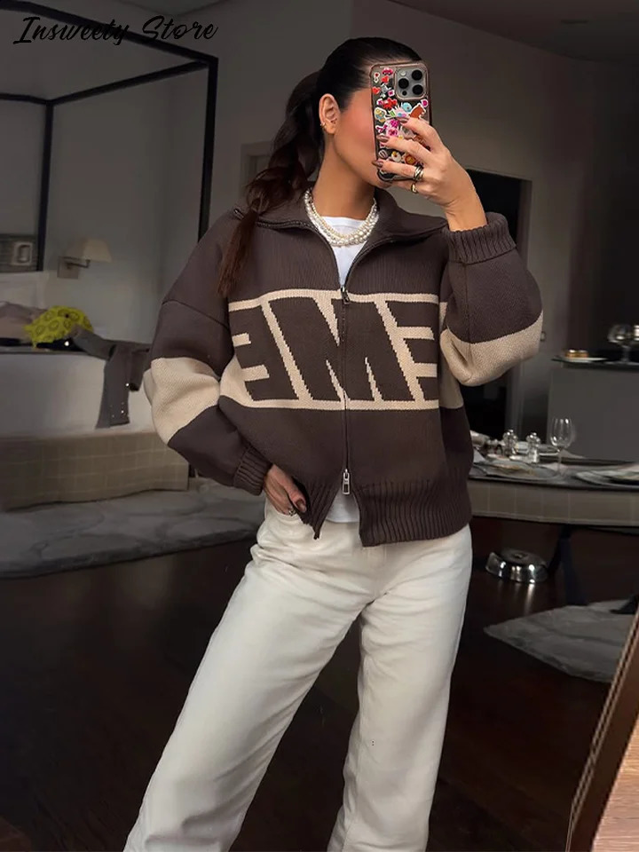 Fashion Letter Lapel Cardigan Womens Classic Long Sleeve Zippers Retro College Style Coats Autumn Lady Sweater 251023