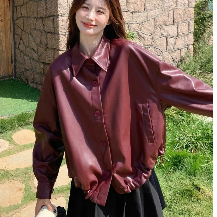 Red PU Leather Jacket Womens Short Casual Loose Vintage Coat Spring Style Small Size Top for plus Women 251018