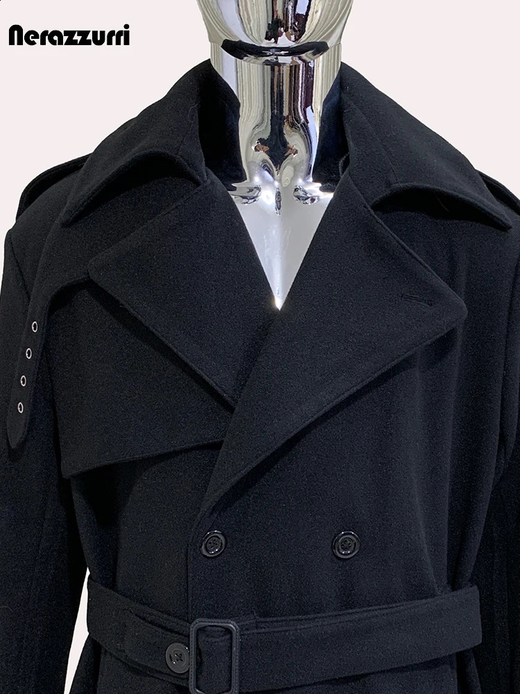 Nerazzurri Autumn Winter Long Oversized Black Warm Woolen Coat Men Belt Chic Clothes Wool Blends Overcoat 2024 251015