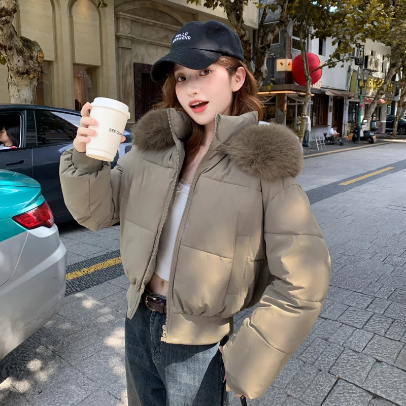 Autumn Winter Fur Collar Hooded Short Parkas Women Thick Down Cotton Padded Coat Female Fashion Slim Puffer Jacket Outerweat 251023