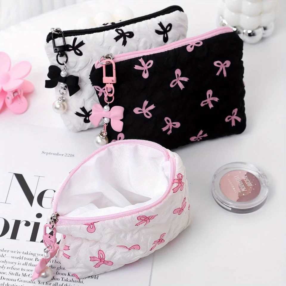 Embroidered bow makeup bag high appearance level coin purse storage bag cute large capacity highend makeup bagT251024