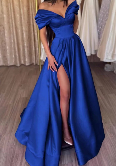 RFYR Elegant Pleats Prom Gown Satin Side Slit Evening Dress Off Shoulder Party Prom Dress For Women robes de soire Customized 251023