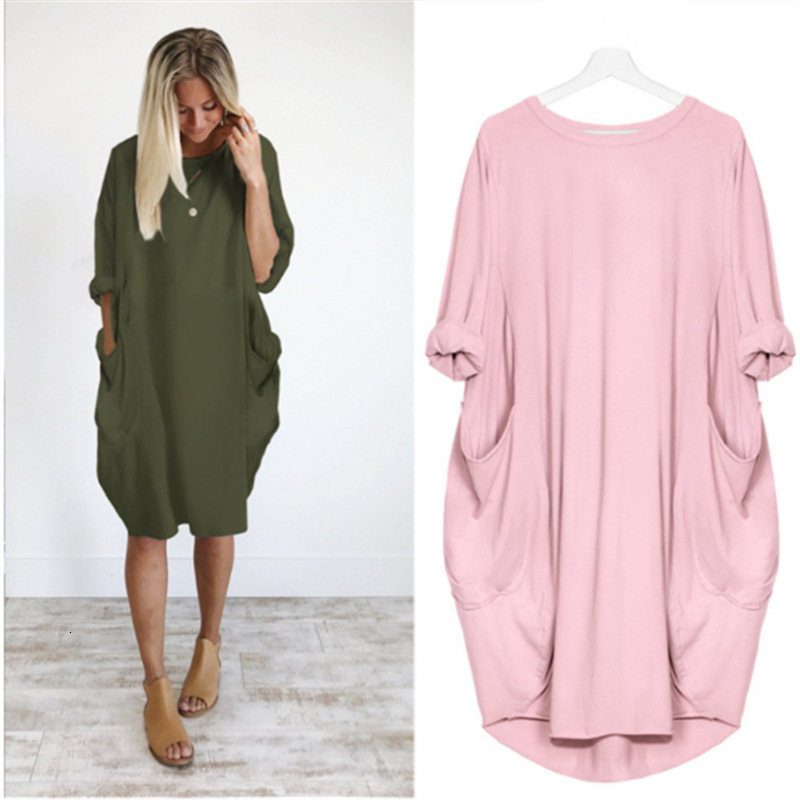 Women's Casual Loose Pocket Long Sleeve Plus Size Dress for Chubby Sisters