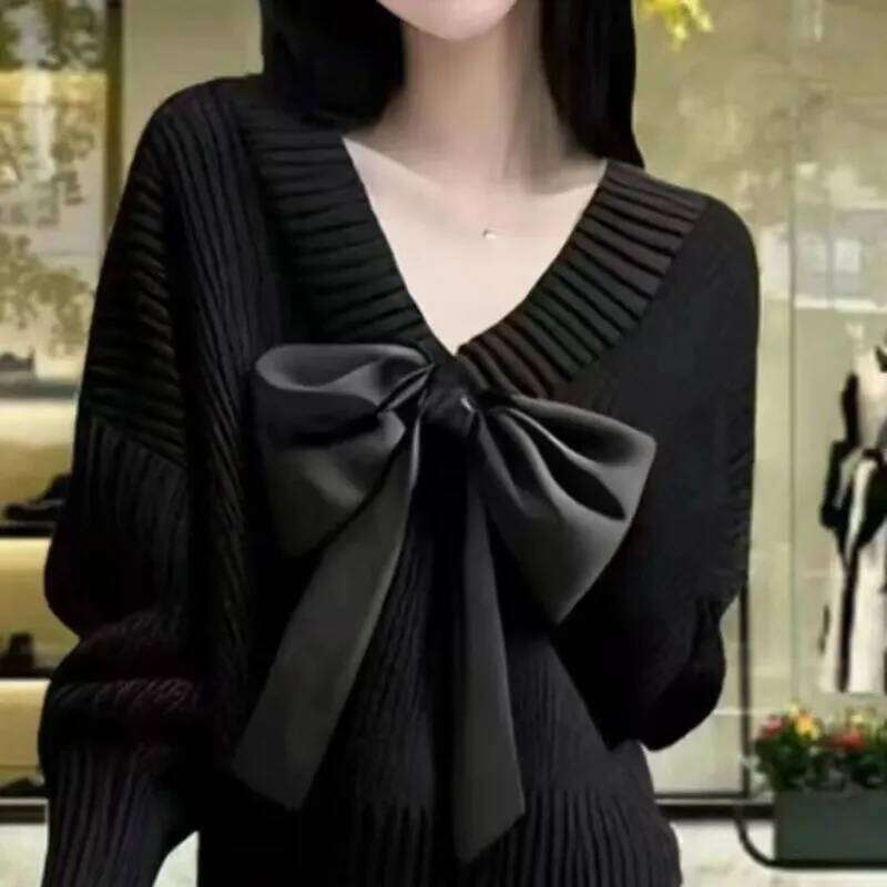 Big Bow Knitwear Sweater For Women Patchwork Red Christmas V-Neck Batwing Sleeve Pullover Female Knit Elegant Pullove