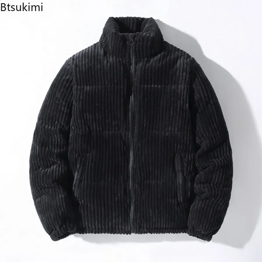 Mens Corduroy Parkas Thicken Warm Cottonpadded Jackets Fashion Stand Collar Solid Zipper Casual Coats Man Winter Outerwear 251020