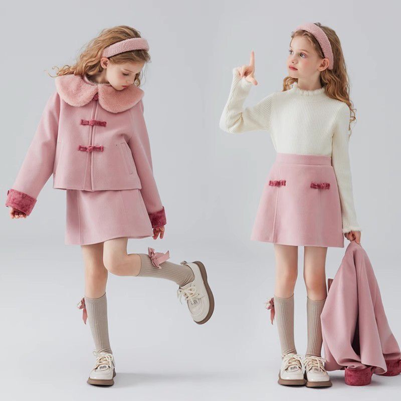Girl Winter Designer Fashion New Wool Pink Set Dress Fashion Collar Jacket Fashion Set