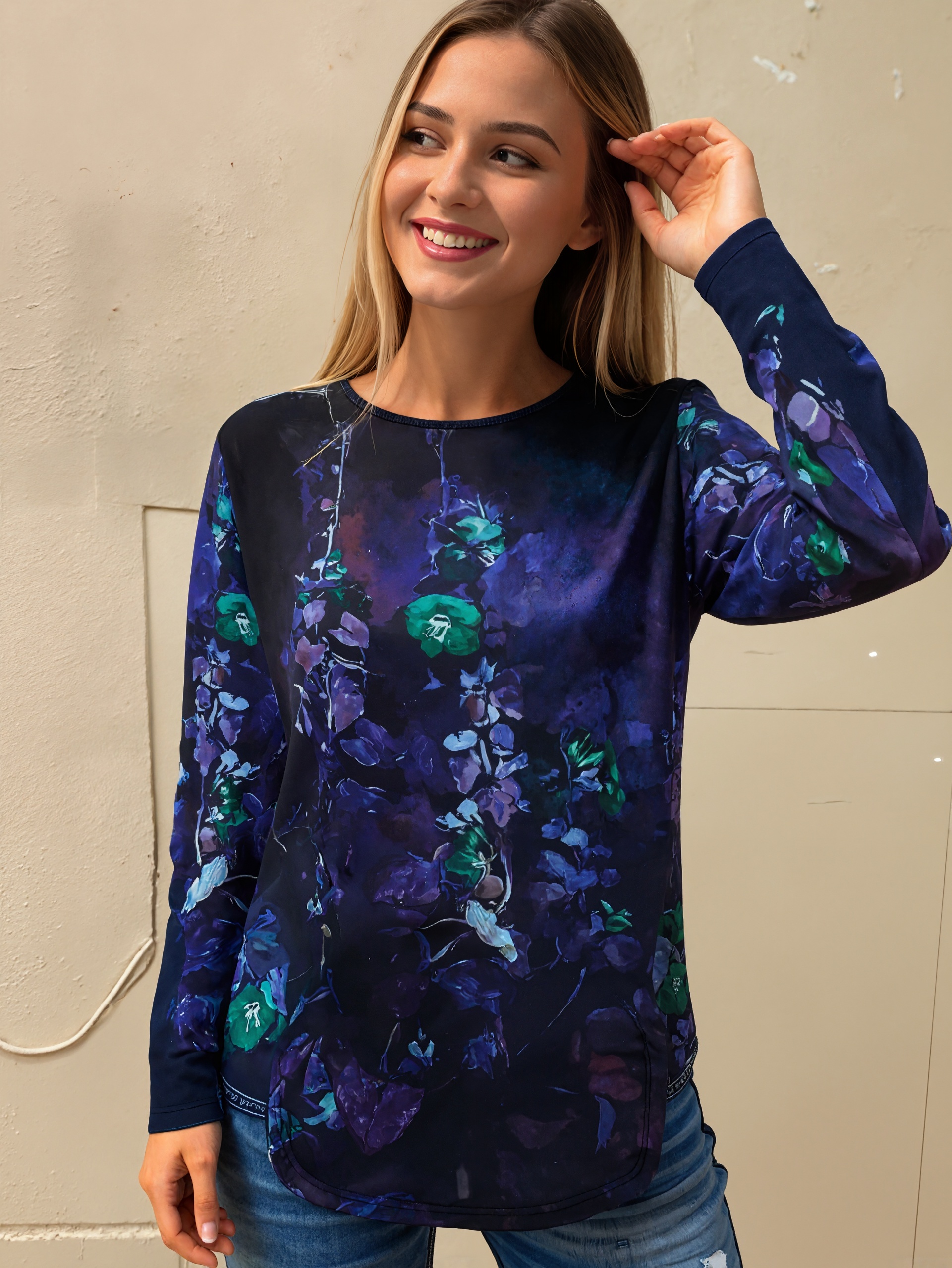 Autumn Winter New Women's Floral Printed Long Sleeve T-Shirt, Milk Silk Casual Loose Top, S-XXL Mixed/Dark Green--CF41374