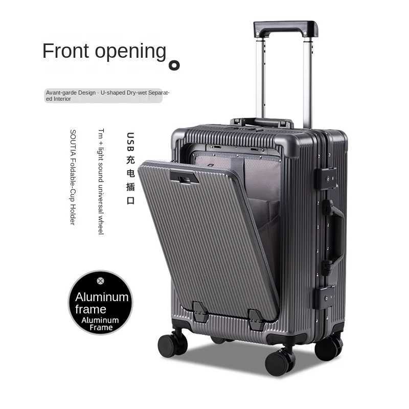 2024 inch New Luggage Aluminum Frame Front Opening Laptop Bag Multifunctional Travel Suitcases Cabin Bag Trolley CaseW251024