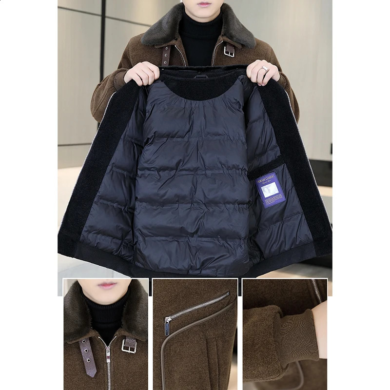 HighQuality Mens Short Woolen Puffer Coats Winter Detachable Fur Collar Warm White Duck Down Jacket Casual Thicken Parkas 251020