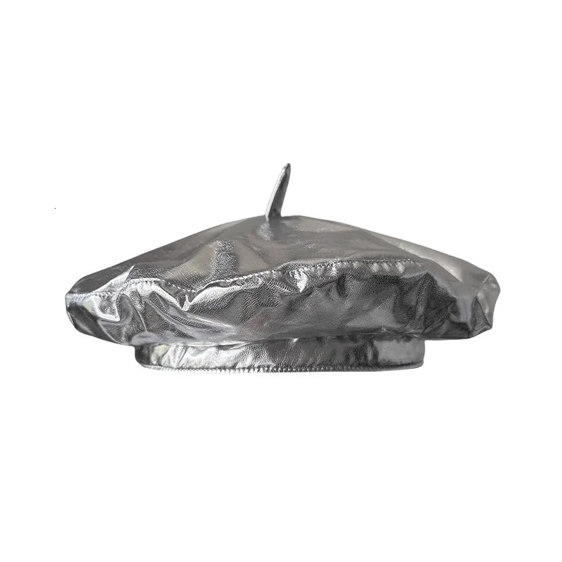 Autumn Winter PU Leather Silver Hat Style Beret for Women Retro Elegant Versatile Painter Cap Fashion Flying Saucer Cap 251023