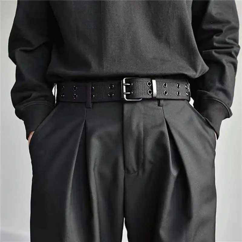 Solid Color Casual Canvas Woven Belt Fashionable Double Round Buckle Hole Belt Versatile Mens Double Needle Buckle Belt W251024