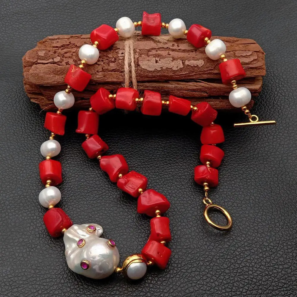 Red Coral White Pearl Necklace White Keshi Pearl Cz pave Pendant 21 251016