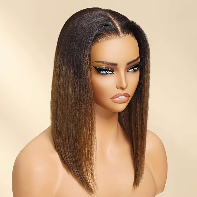 Klaiyi 7x5 Glueless Bob - 150% Density Virgin Human Hair, Pre-Cut Pre-Bleached Chesut Brown Yaki Straight 10-14 Inch, Beginner-Friendly Natural Look f
