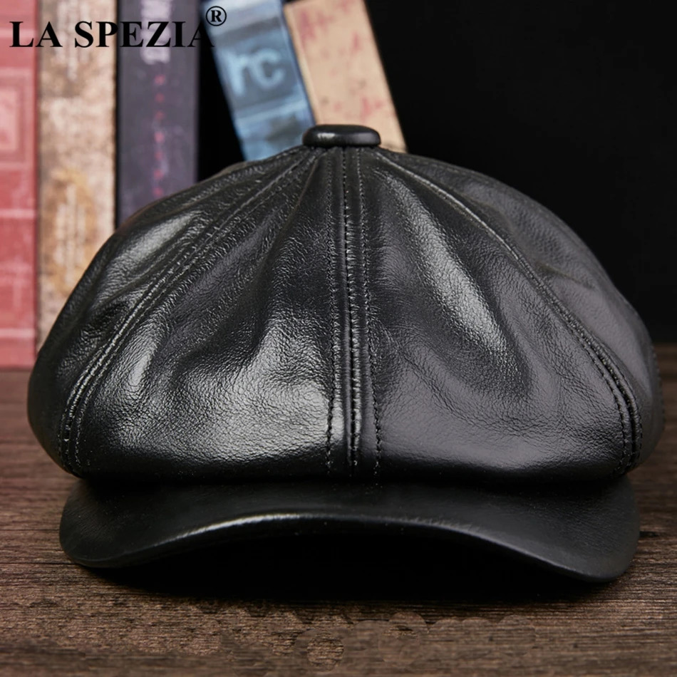 LA SPEZIA Black sboy Hats For Men Genuine Cowskin Leather Octagonal Cap Male Autumn Winter Fitted Vintage Duckbill Hats Beret 251021