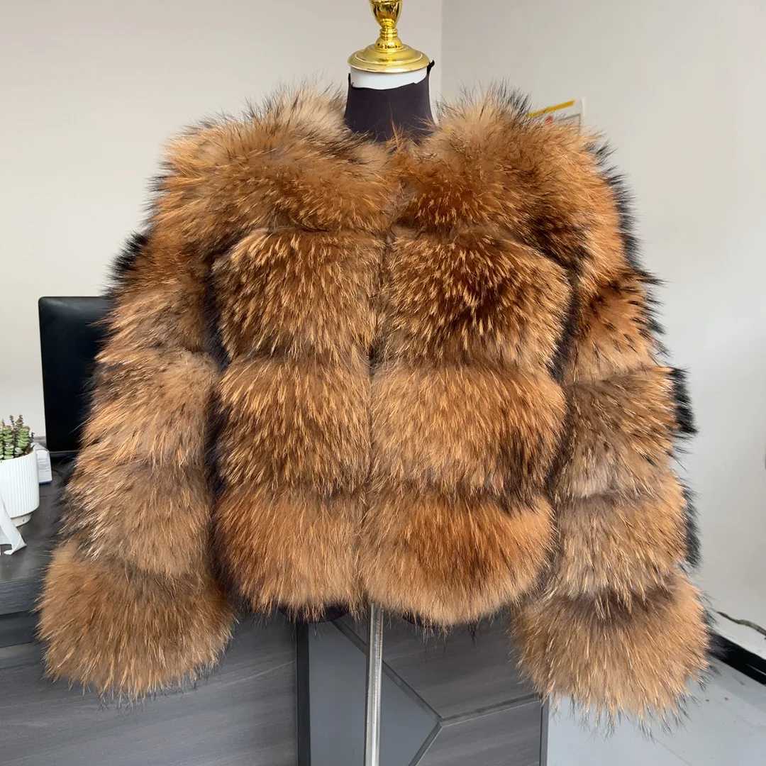 Womens Natural real fur Coat and real Raccoon Fur jacket winter warm thick Long SLeeve fur jacket 100 real fur Top H251024