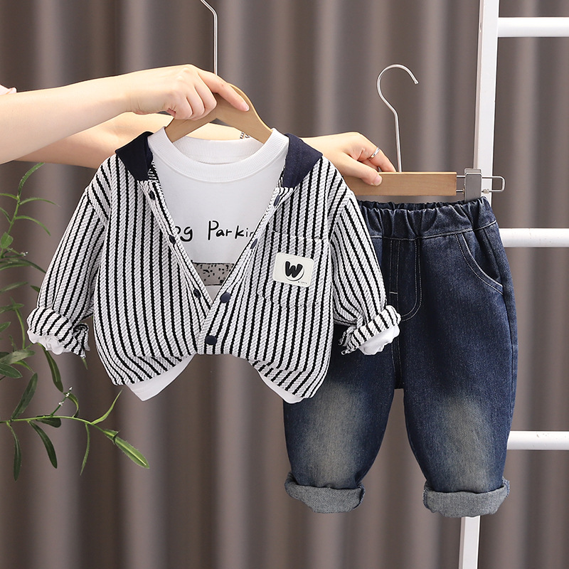 Toddler Boys 3-Piece Set, Striped Hooded Cardigan and Jeans for Spring & Autumn