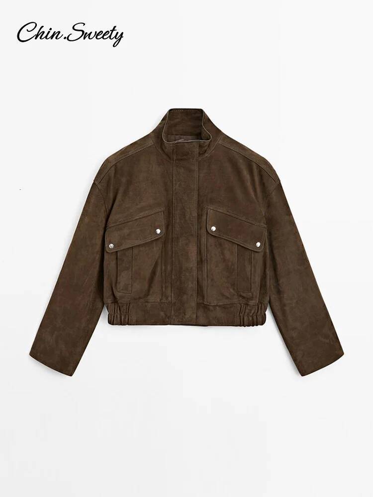 Vintage Brown Women's Suede Jacket Women Zipper Long Sleeve Pocket Loose Short Bomber Coat 2025 Spring Lady High Street Outwear dongdumaoyi