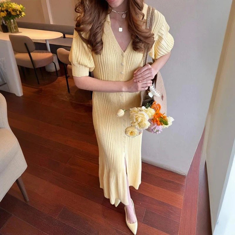 Tornova Fashion Cardigan Long Knitted Dress For Women Puff Sleeve Retro Fashion Sweater Dress 2025 Summer Sexy Vacation Dress 251023