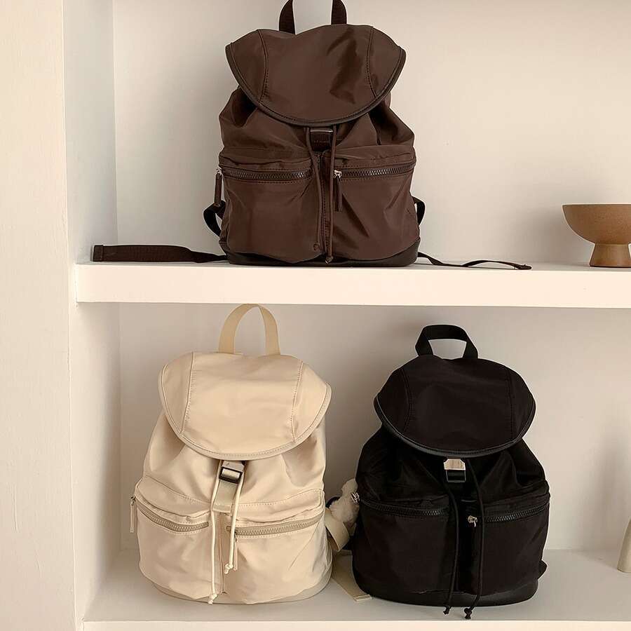 Korean Version New Drawstring Pleated Flap Student Double Shoulder Nylon Niche Large Capacity Backpack For Girls B5