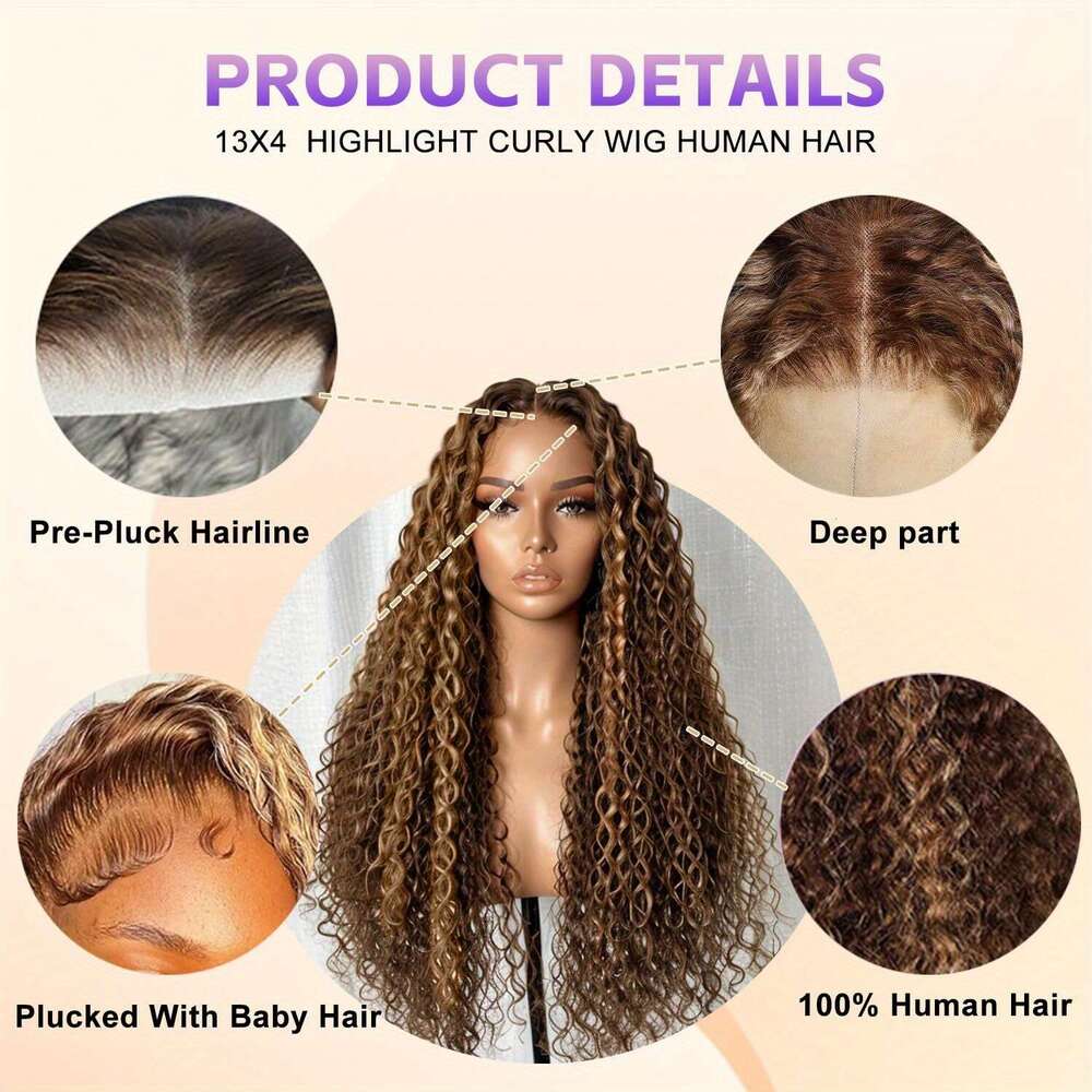 Honey Blonde Deep 100% 13x4 Frontal 4/27 Highlight Front Kinky Curly For Black Women Hd Transparent Lace Wig Human Pre Plucked With Baby Hair