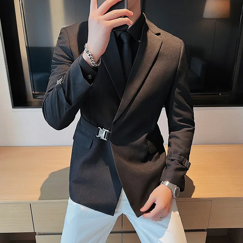 Men Party Wedding Banquet Blazer Solid Metal Buckle Decoration Blazer For Italian Suit Jacket Slim Fit Blazer Homme 251023