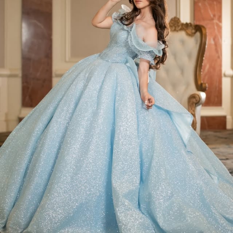 Sky Blue Quinceanera Dresses Ball Gown Off The Shoulder Beading Crystal Corset Tull Party Birthday Sweet 16 Dress Vestidos 15 De Anos