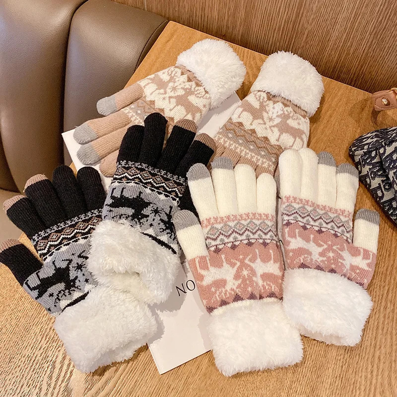 Christmas Reindeer Knitted Gloves Plush Cuff Thick Warm Glove Autumn Winter Soft Coldproof Full Finger Touchscreen Gloves 251021