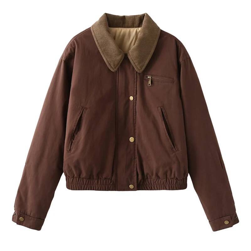 Vintage Cotton-padded Jacket Solid Simple Style Winter Warm Coat Retro Long Sleeves Lady Streetwear High Street Zipper Cool Tops dongdumaoyi