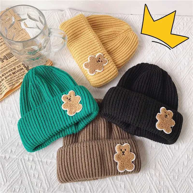Cute Baar Children Beanie Winter Warm Kids Knit Hat Cartoon Baby Pullover Cap 26year Boy Girl Solid Color Woolen Crochet BonnetL251024