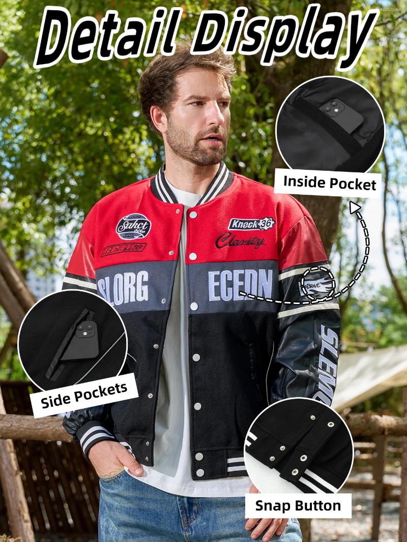 Men's Jackets Casual Baseball Jacket Motorcycle Style Embroidered Letters Button Design Long Sleeve PU Leather Patchwork Outerwear