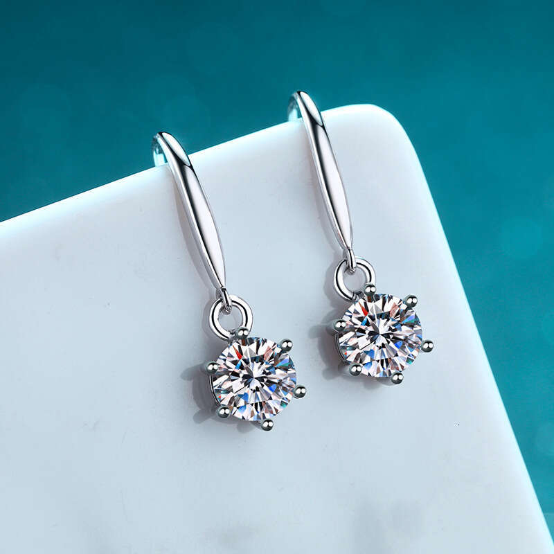 DHCollections-- S Pure Sier Ear Hooks for Women Six-Prong Moissanite Earrings Jewelry Plated with PT950 Gold Straight