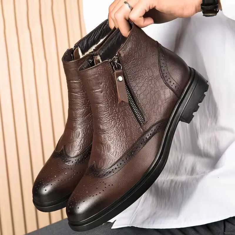 Genuine Leather Men Side Zipper Ankle Boots 2023 Men Winter Plush Snow Boots Fashion Men Casual Low Top Shoes Allmatch Men Shoe W251024