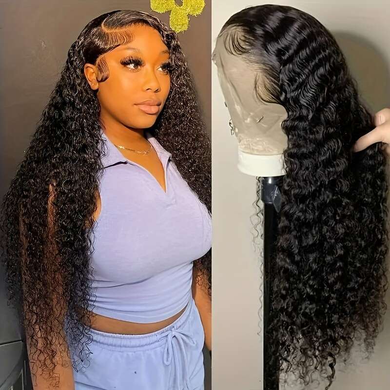 Brazilian Deep Wave Human Hair Front Wig - HD Transparent 13x4 Lace Frontal, Pre-Plucked 200% Density Natural Black Curly Wigs Women, Elegant Style fo