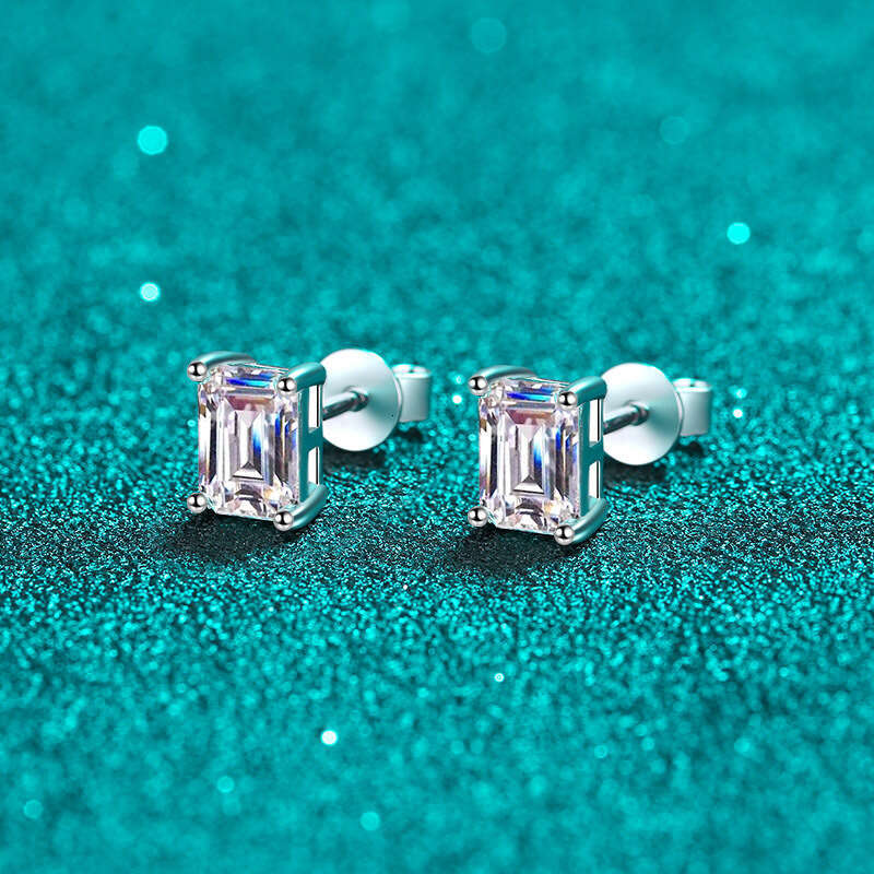 DHCollections-- Sterling Sier for Women Inlaid Rectangular Beveled Moissanite Delicate Earrings Plated with PT950 Gold