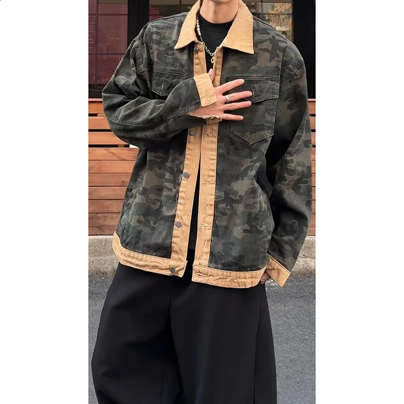 Mens Autumn Washed Turn Down Collar Camo Denim Jacket SingleBreast Long Sleeve Loose Fit Vintage Workwear Coat Street Style 251017