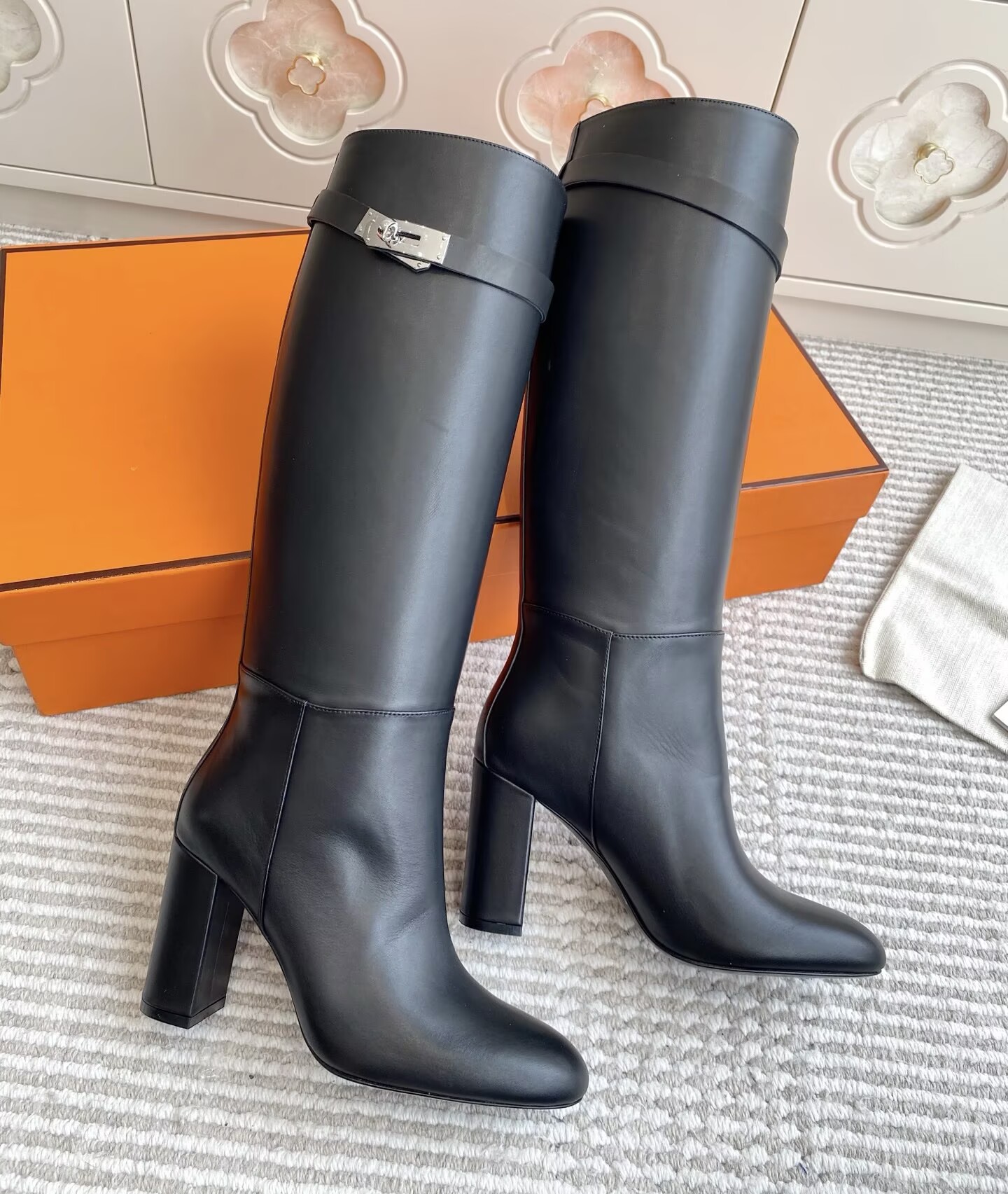 Winter Luxury Women Story Tall Boots Heritage Calfskin Buckles Lock Calf Leather Over Knee Boots Chunky Heels Lady Party Dress Bottes