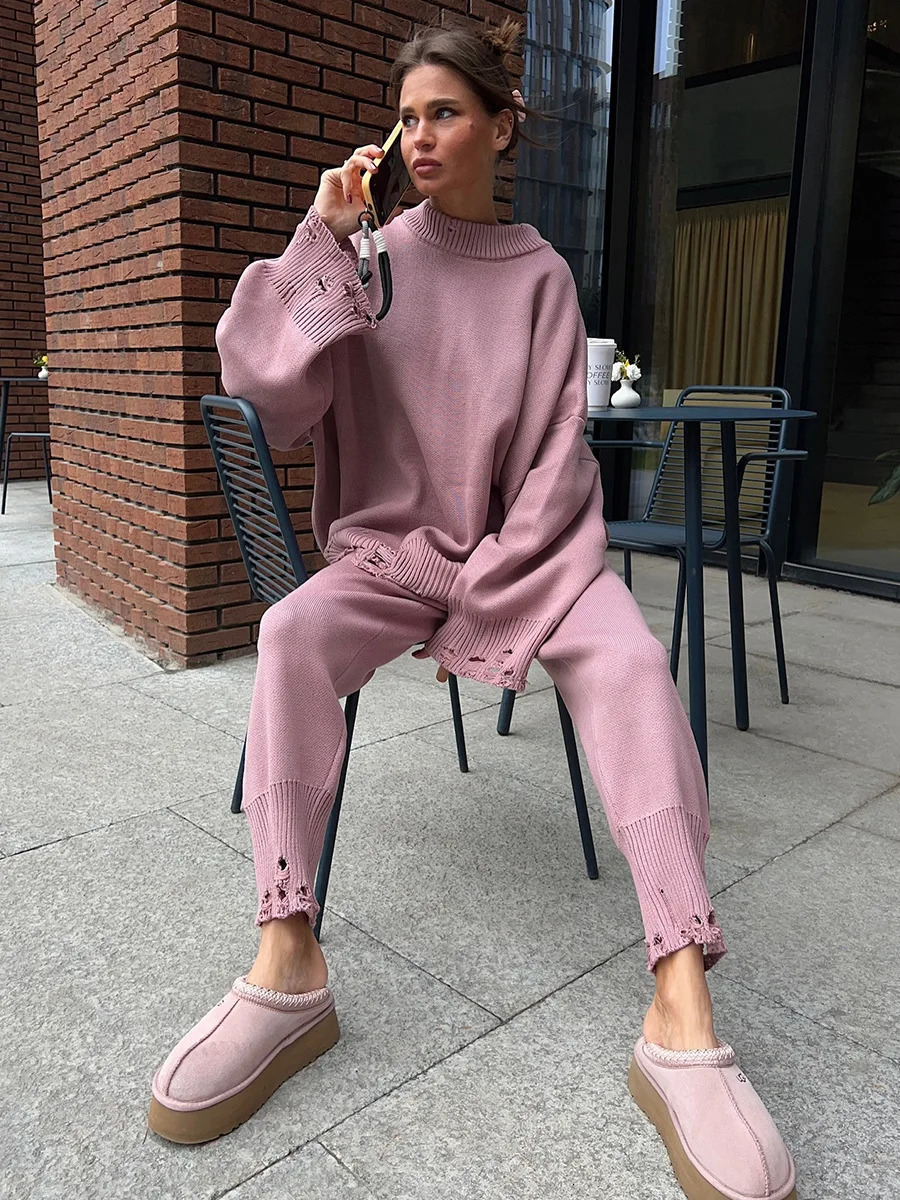 Bornladies Autumn Winter Womens Turtleneck Knit Sweater Skinny Knit Pants Set Soft Oversized Ripped Hem Fashion Pullover 251013