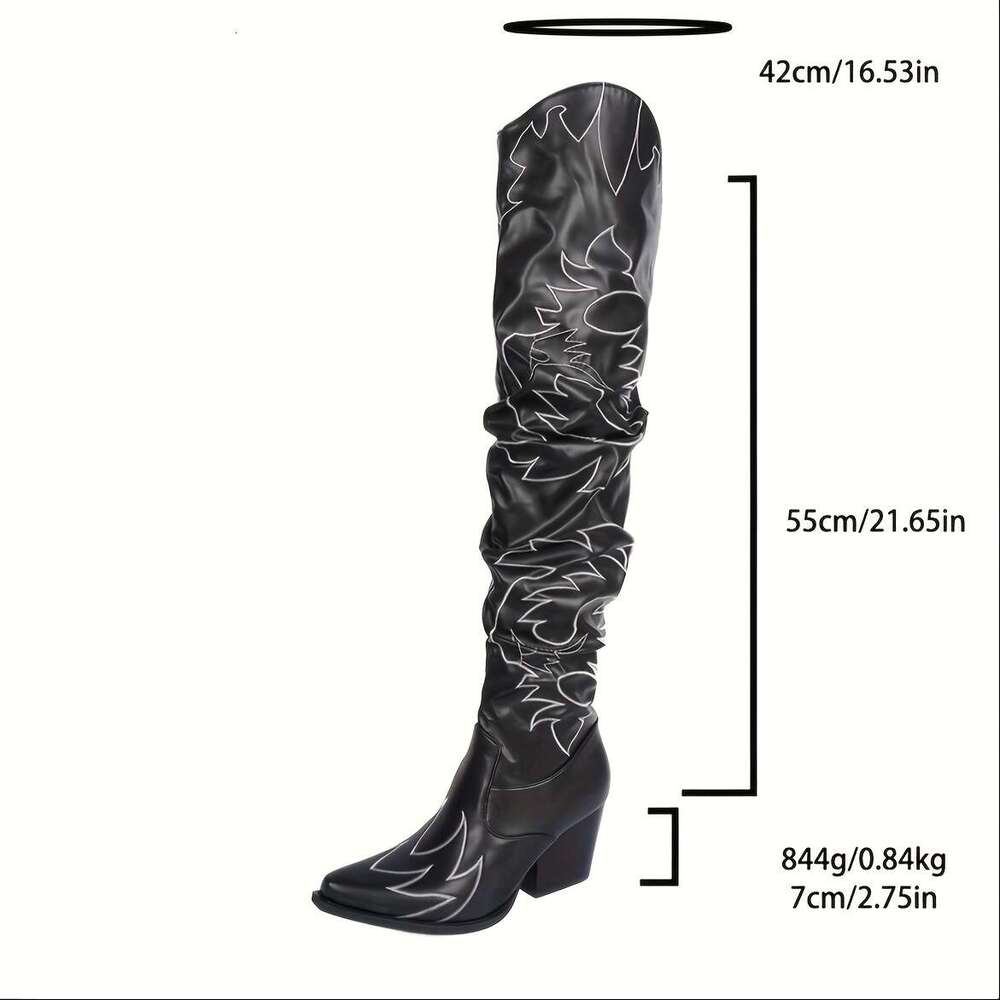 Women's Retro Embroidered Over-The-Knee Boots - Slip-On Chunky High Heel, Toe, Faux Cover With Fabric Lining Rubber Sole For Music Festivals & Bo