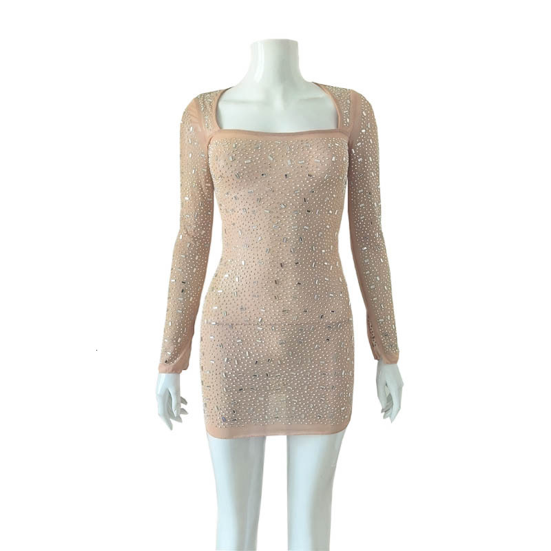 Designer hot selling autumn and winter new women's fashionable and sexy mesh see through rhinestone long sleeved spicy girl dress