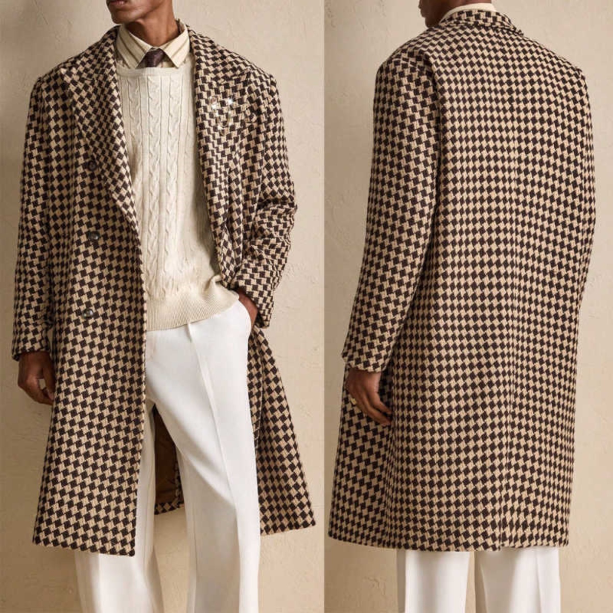Classic Grid Men's Overcoat Wool Blend One Piece Blazer Double Breasted Winter Warm Coats Street Wear Men's Clothing Outerwears