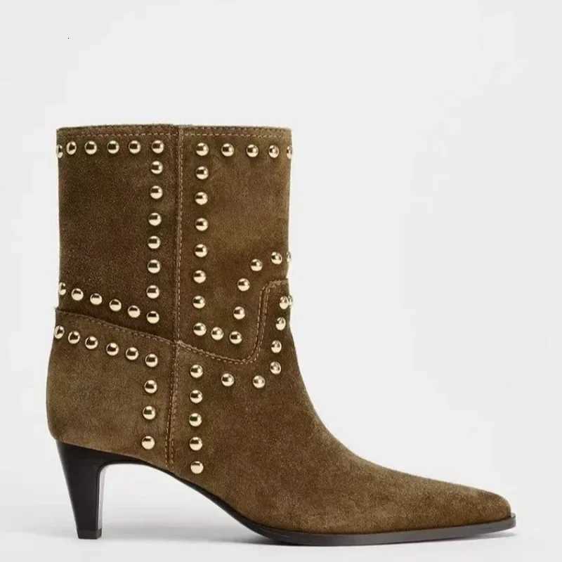 SpringAutumn 2025 New Retro Womens Shoes Brown Studded Suede Thin Heel Pointed Toe Booties Knight Boots W251024