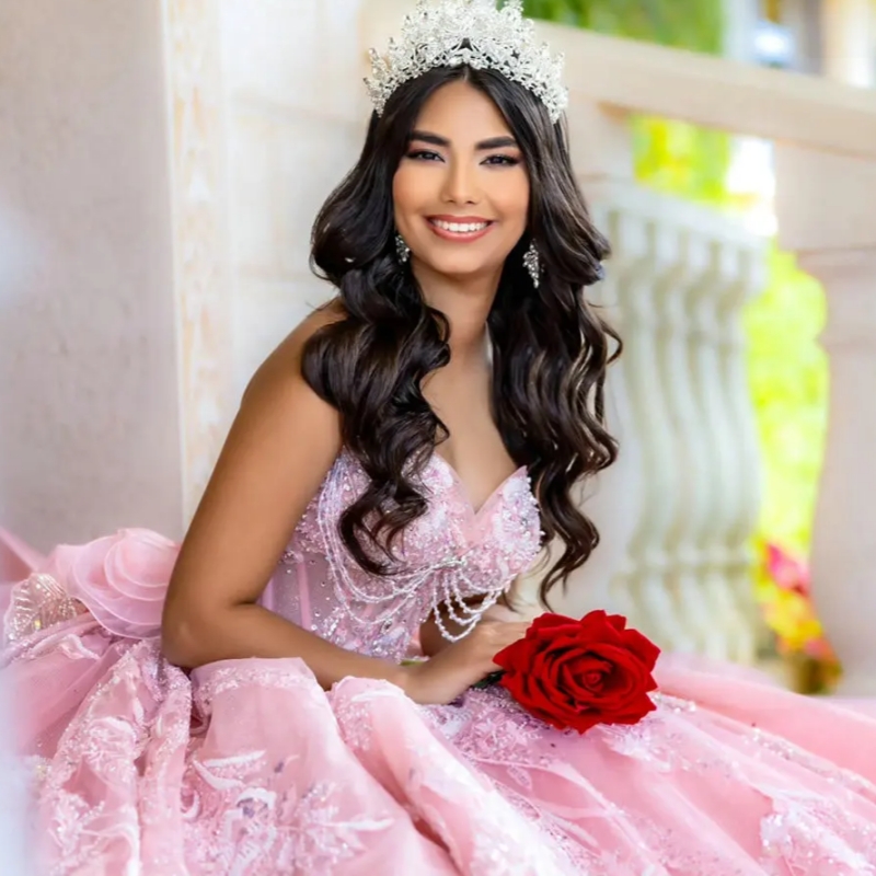 Pink Beading Pearls Quinceanera Dresses Ball Gown Sequined Appliques Lace Bow Sweet 15 Anos Mexican