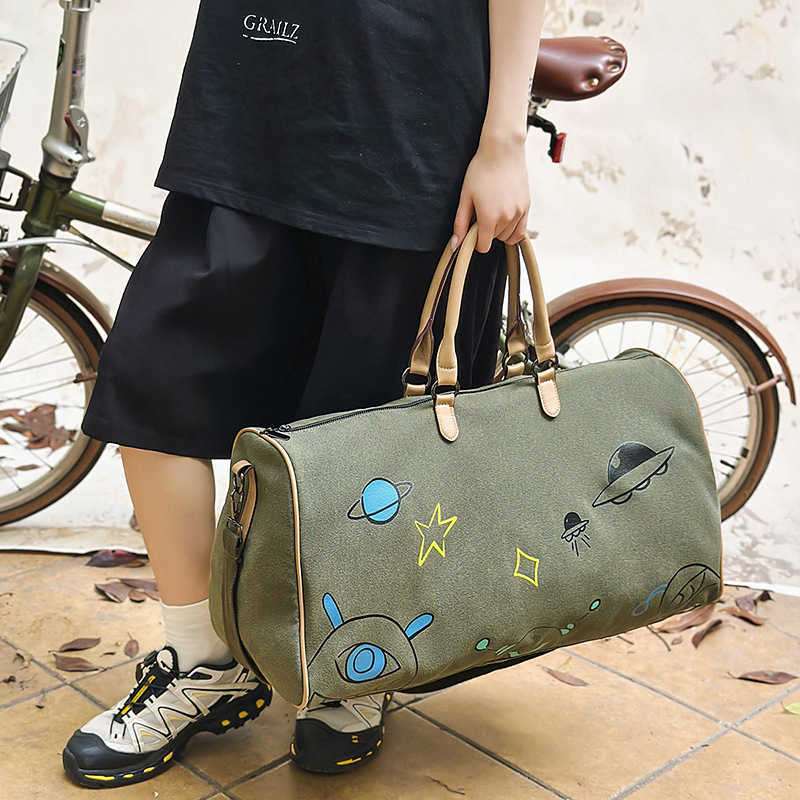 Korean Style Fashion Large Capacity Canvas Travel Bag Cartoon Graffiti Business Trip Short Distance Couple Shoulder Bag Gym Bag