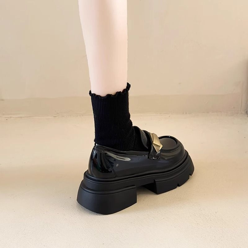 Black Thick-Soled British Style Women's Leather 2025 Spring New Versatile Slip-On Loafers Mary Jane Shoes ddmythur