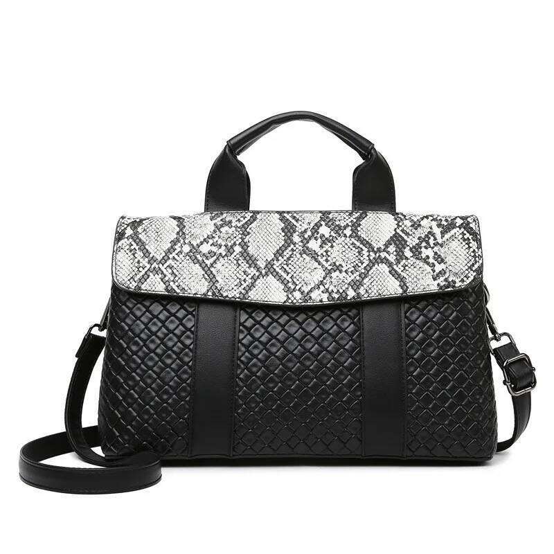 High-Grade Women Handbag Solid Black Pu Leather Flap Woven Print Tote Large Capacity Female Casual Crossbody Bags Lady Pack