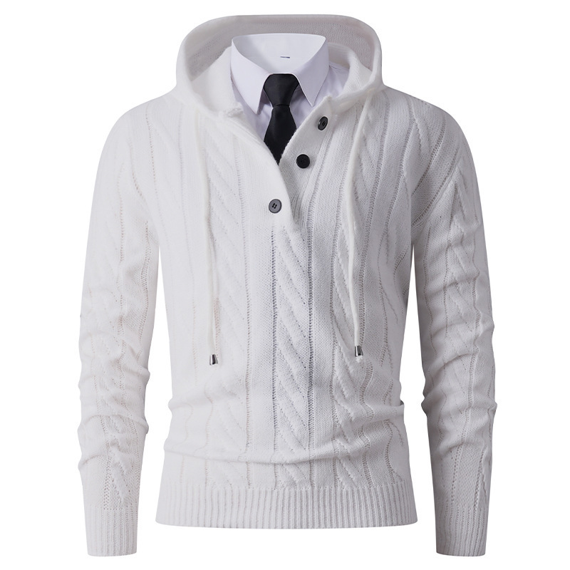 Twisted Ribbed Autumn Winter New Men's Casual Simple Pullover Men's European and American Fashion Button Hooded Knit Sweater