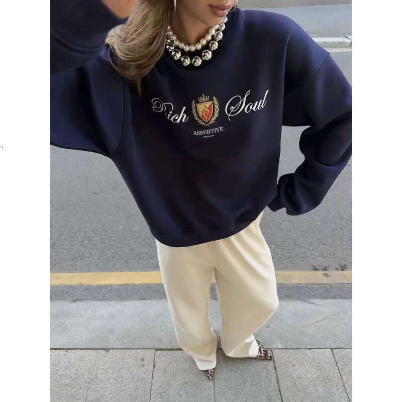 2025 Autumn Winter New Casual Versatile Loose Fleece Thickened Fashion Printed Pullover Crew Neck Sweatshirt for Women